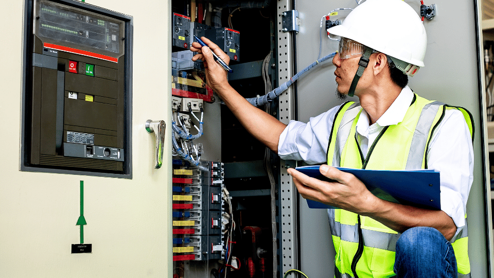 Professional electrician conducting a detailed electrical inspection in a commercial building in Islamabad or Lahore, assessing wiring and electrical panels to ensure safety compliance and prevent potential hazards.